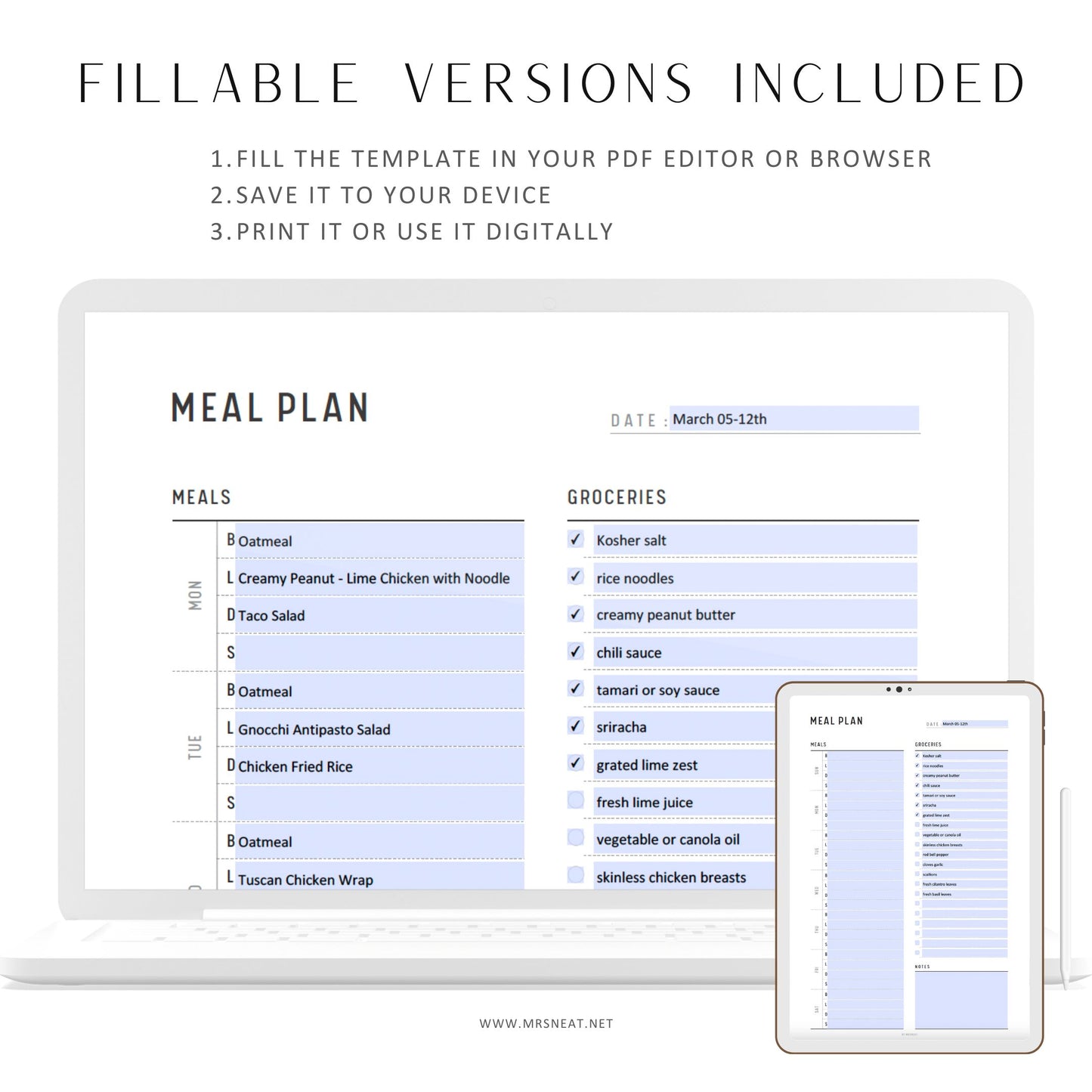 Fillable Weekly Meal Planner with Grocery List Template, 7 day menu plan, Food Planner, Meal Tracker, Diet Planner, A4/Letter/Half Letter/A5