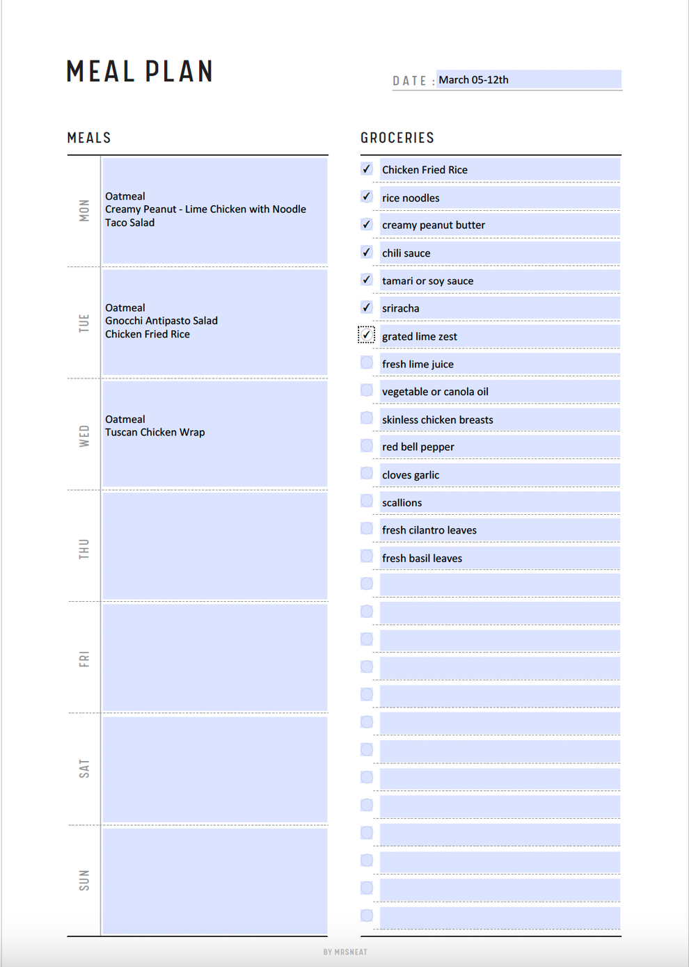 Weekly Meal Planner & Grocery Shopping List Printable - M183 – mrsneat