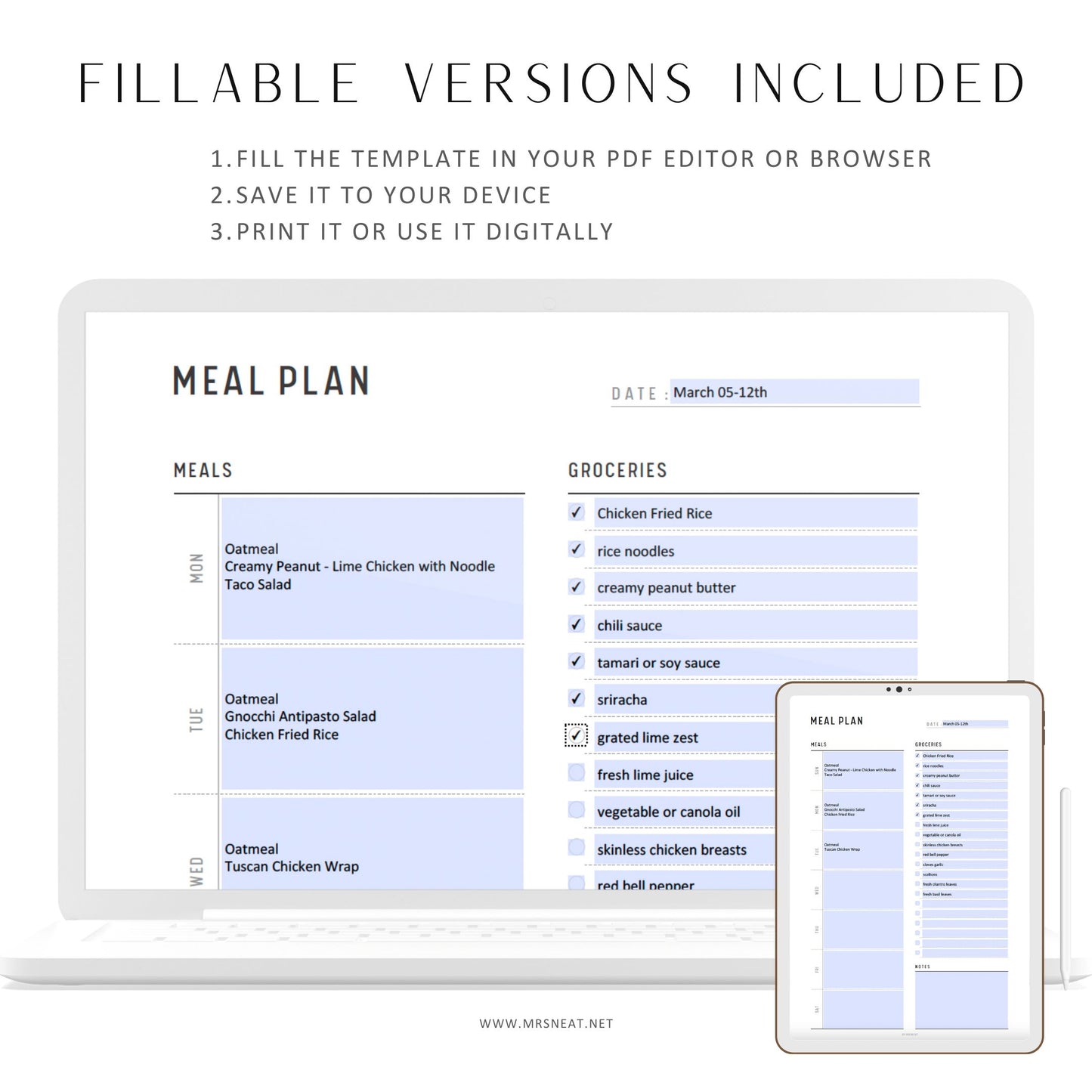 Weekly Meal Planner & Grocery List Template Printable, A4, A5, Letter, Half Letter, 2 versions, Sunday and Monday Start Included