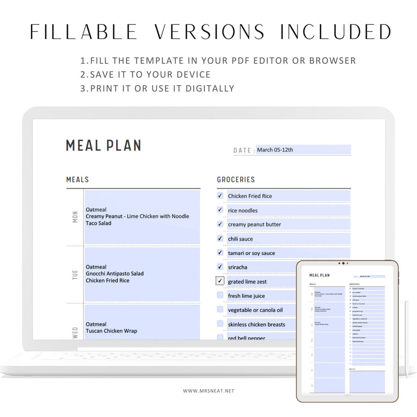 Weekly Meal Planner & Grocery Shopping List Printable - M183 – mrsneat