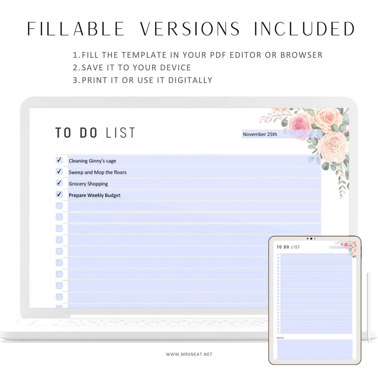 Fillable To Do List Printable, Daily Agenda, Daily To Do, Daily Schedule, Daily Organizer, A4, A5, Letter, Half Letter, Floral Theme