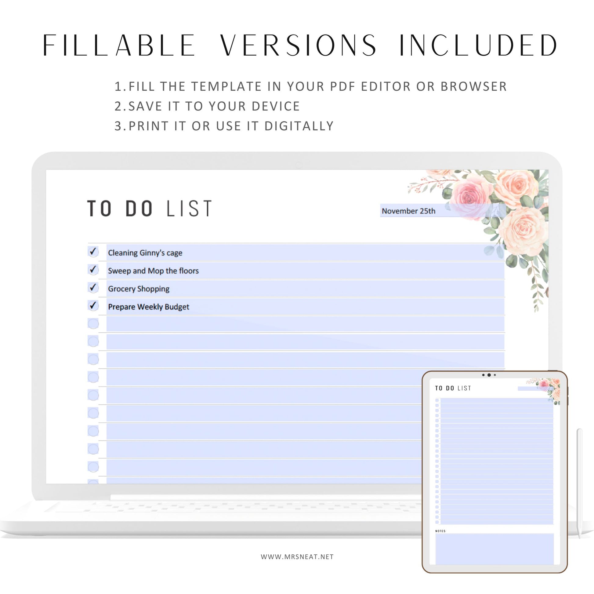 Fillable To Do List Printable, Daily Agenda, Daily To Do, Daily Schedule, Daily Organizer, A4, A5, Letter, Half Letter, Floral Theme