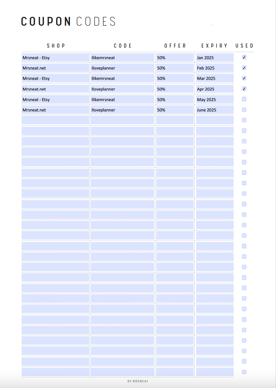 Fillable Coupon Code Tracker Printable, Coupon Code Template, Coupon Code Pages, A4, A5, Letter & Half Letter, PDF, Digital Planner, Fillable PDF, Printable Planner