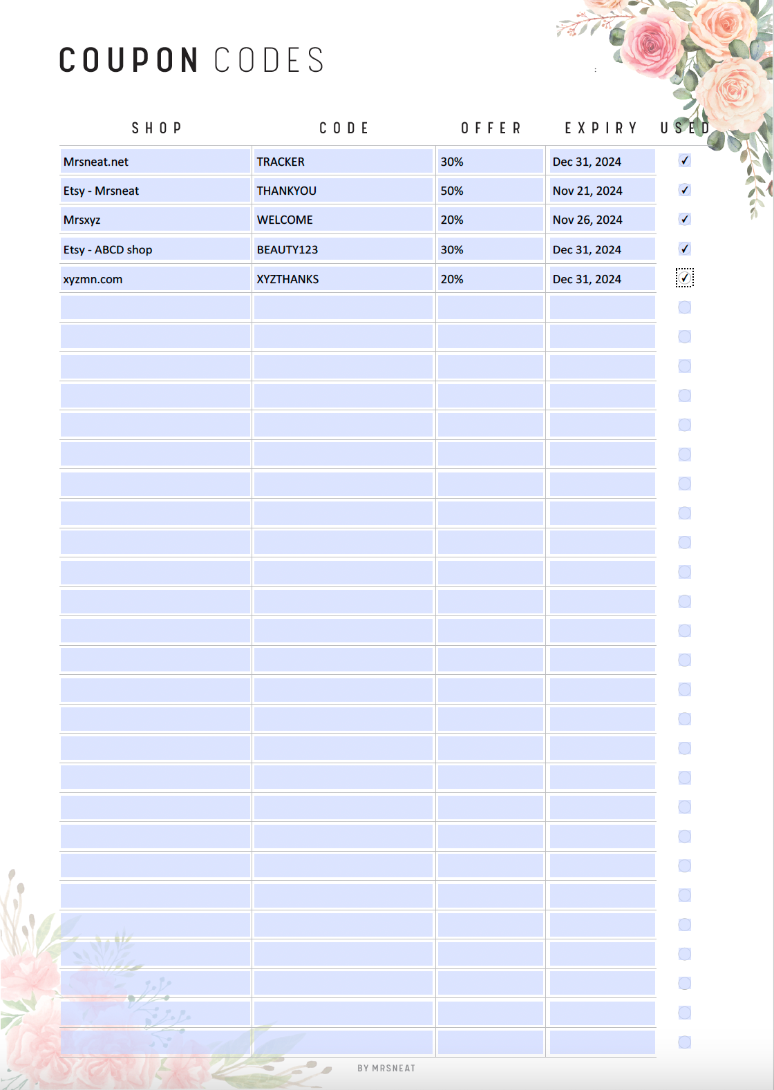 Floral Coupon Code Tracker Printable, Fillable Coupon Codes Pages, Coupon Codes Template, Shopping List, A4, A5, Half Letter, Letter, PDF