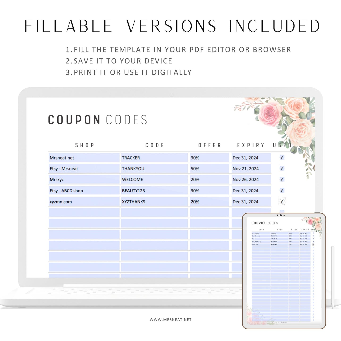 Floral Coupon Code Tracker Printable, Fillable Coupon Codes Pages, Coupon Codes Template, Shopping List, A4, A5, Half Letter, Letter, PDF