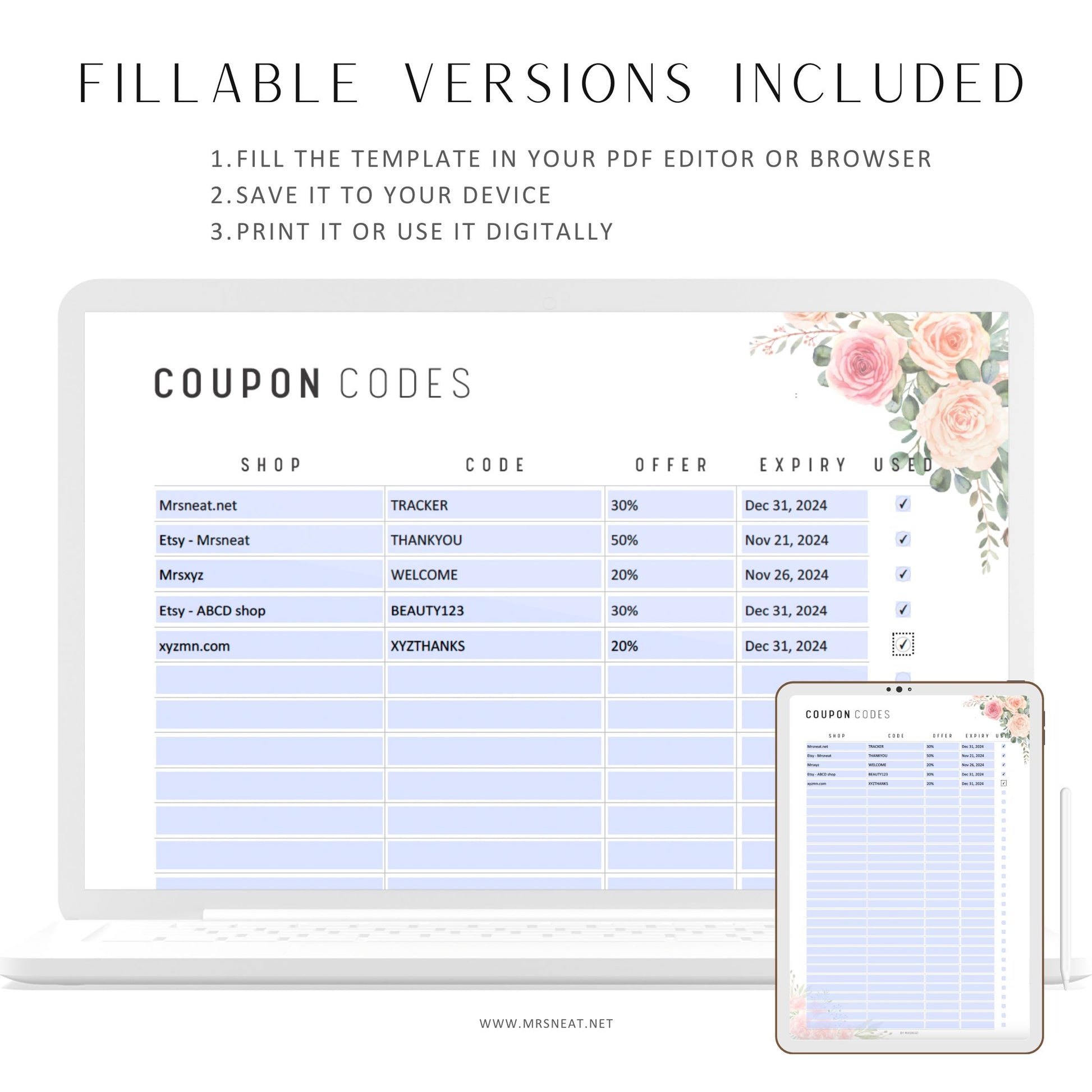 Floral Coupon Code Tracker Printable, Fillable Coupon Codes Pages, Coupon Codes Template, Shopping List, A4, A5, Half Letter, Letter, PDF