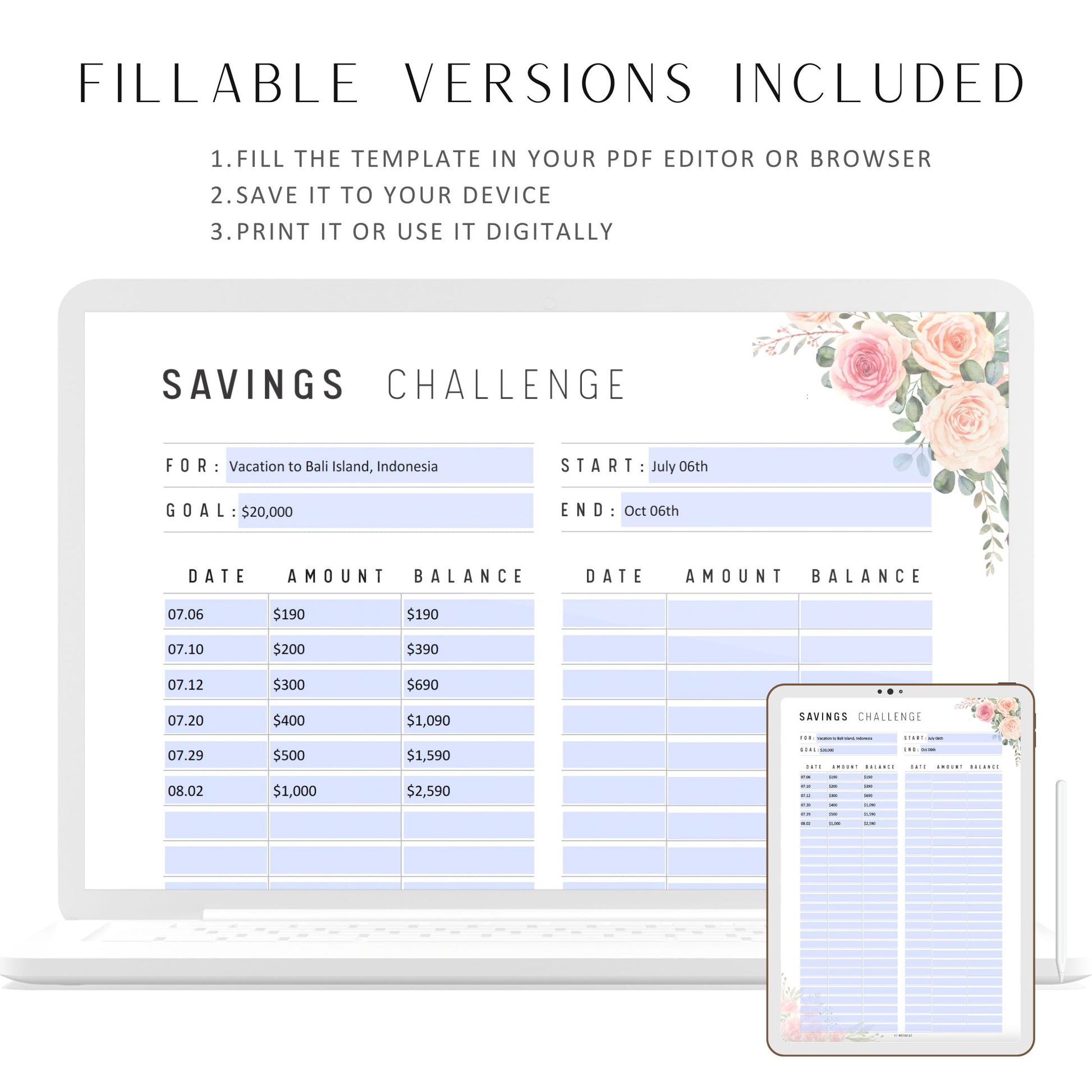 Floral Saving Challenge Printable, Fillable Saving Tracker, Savings Template, Sinking Funds Tracker, A4, A5, Letter, Half Letter, PDF, Floral Theme