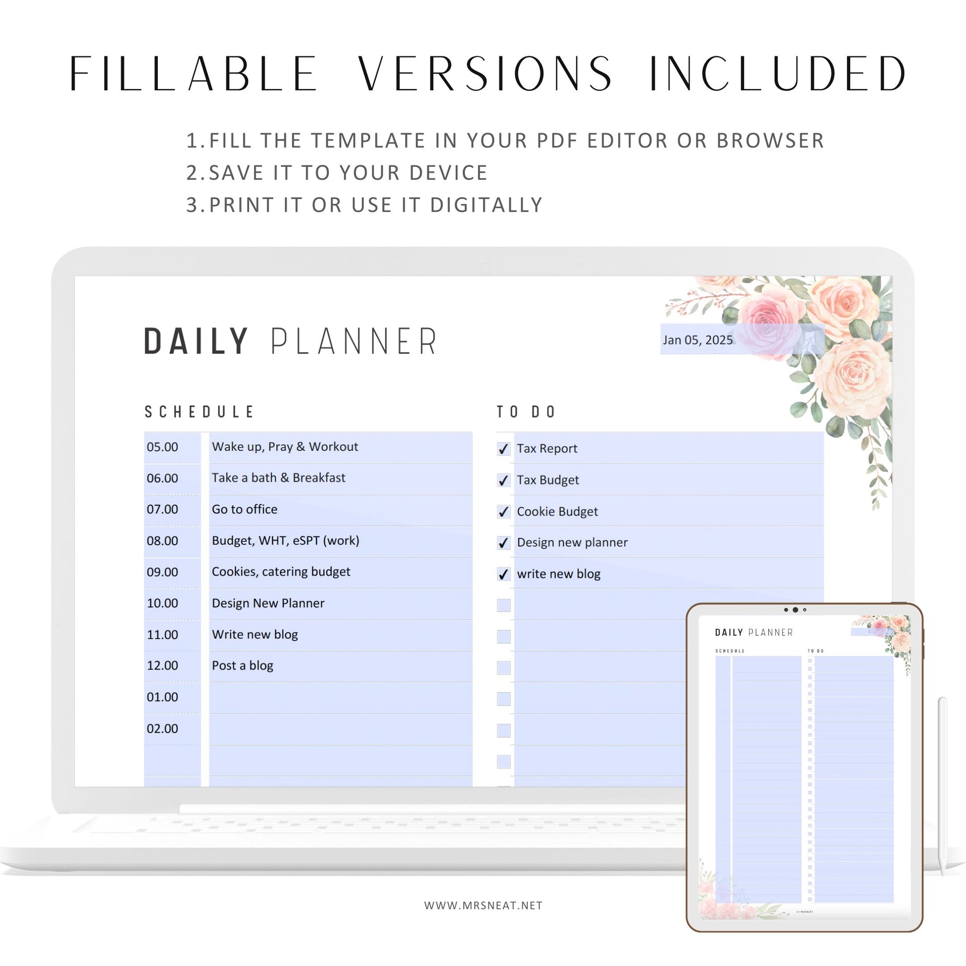 Floral Minimalist Daily Planner, Fillable To Do List Printable, Schedule Template, Daily Journal, 2 versions, A4, A5, Letter, Half Letter