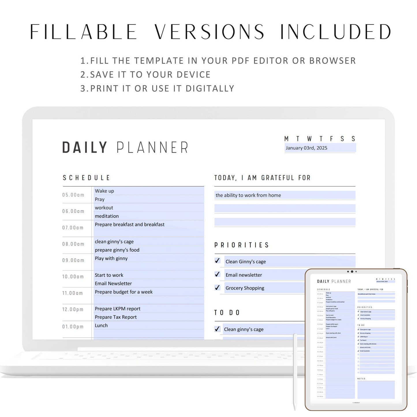 24 Hour Daily Planner Printable, Fillable Hourly Planner, Military Time Plan, Time Blocking Template, Work Day Schedule, 2 versions, PDF, A4, A5, Letter, Half Letter, Digital Planner, PDF Fillable, Printable Planner