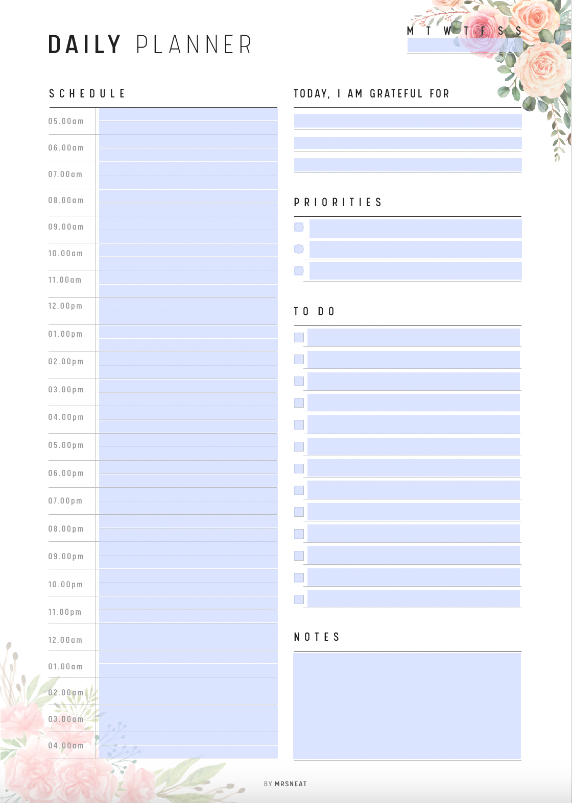 Floral 24 Hour Daily Planner Printable, Fillable Daily Planner, Daily To Do List, Daily Organize, 2 Versions, A4, A5, Letter, Half Letter