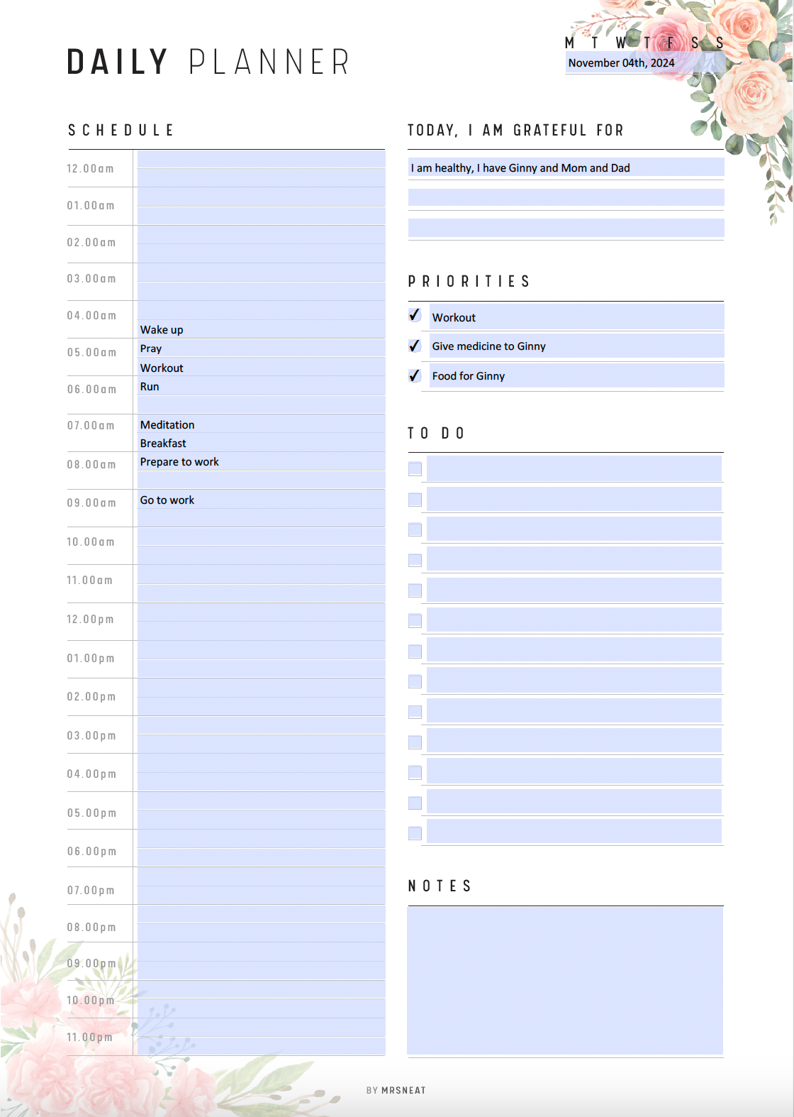 Floral 24 Hour Daily Planner Printable, Fillable Daily Planner, Daily To Do List, Daily Organize, 2 Versions, A4, A5, Letter, Half Letter