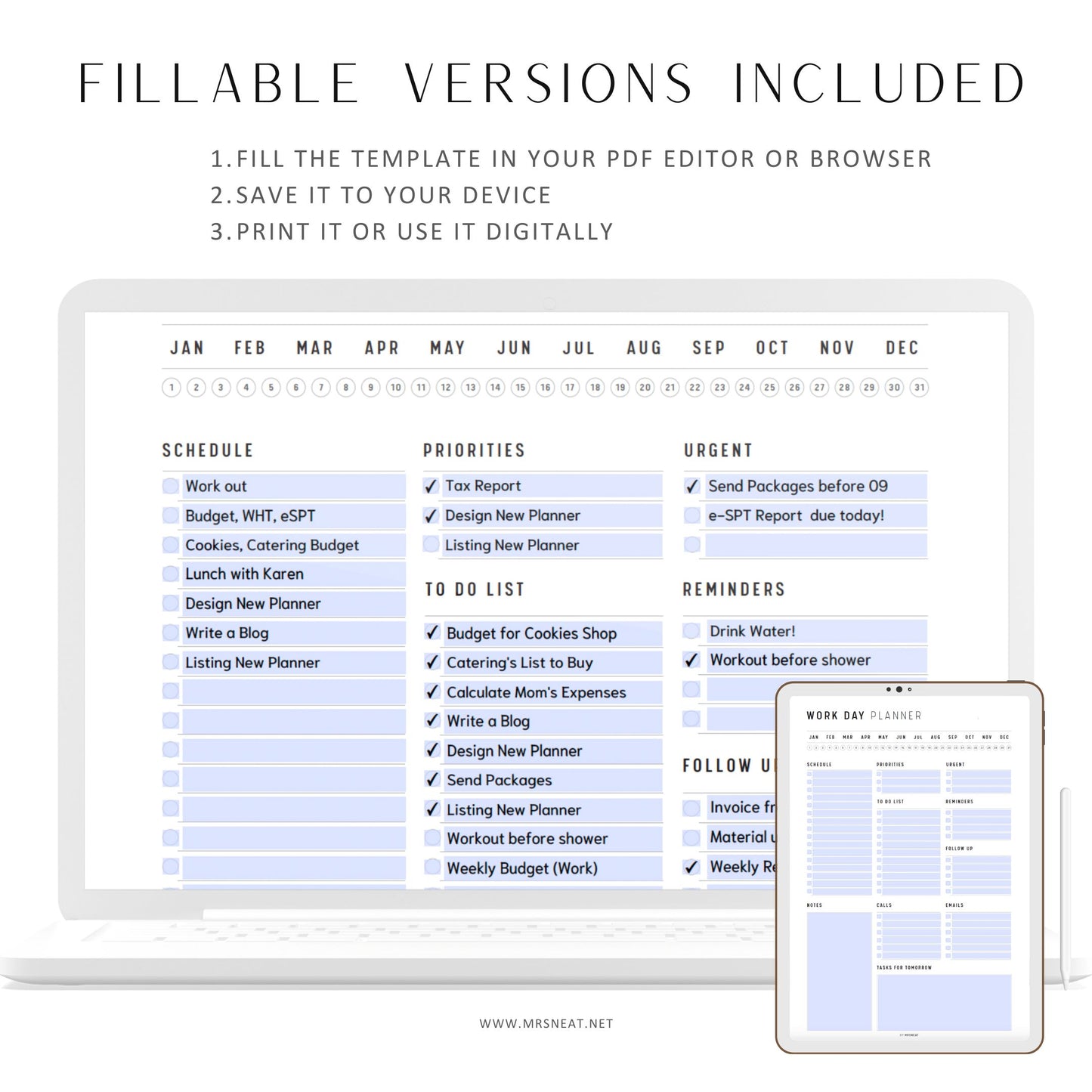 Work Day Planner Template Printable, A4, A5, Letter, Half Letter, PDF, Fillable Daily Planner