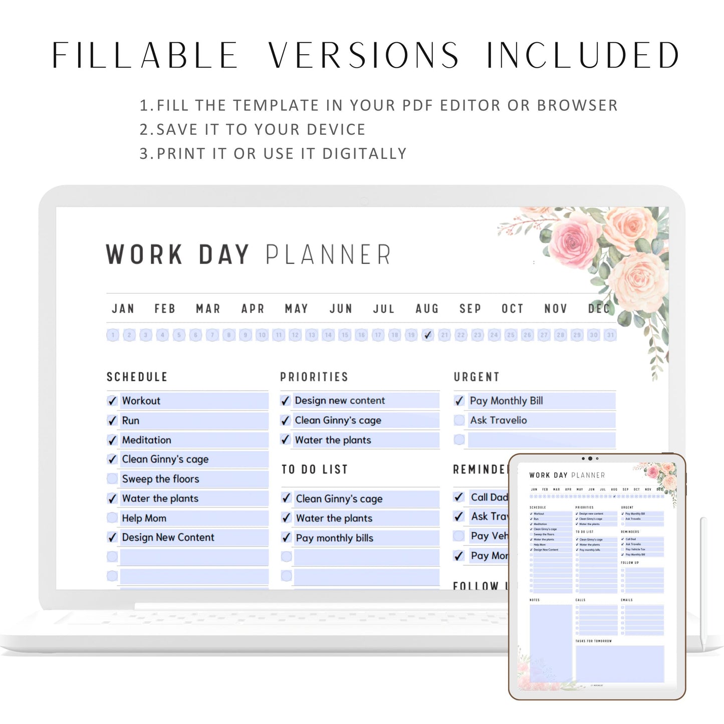 Floral Work Day Planner Template Printable, Fillable Daily Planner, Daily Organizer, Daily Agenda, Daily To Do, A4, A5, Letter, Half Letter