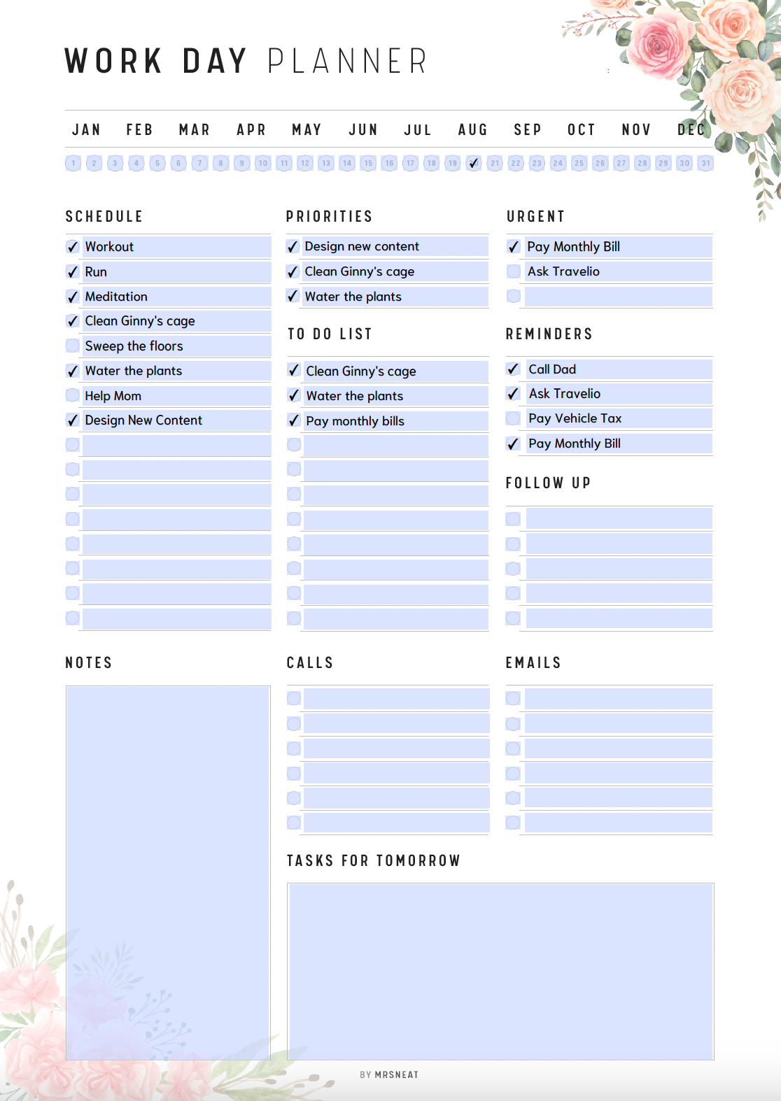 Floral Work Day Planner Template Printable, Fillable Daily Planner, Daily Organizer, Daily Agenda, Daily To Do, A4, A5, Letter, Half Letter