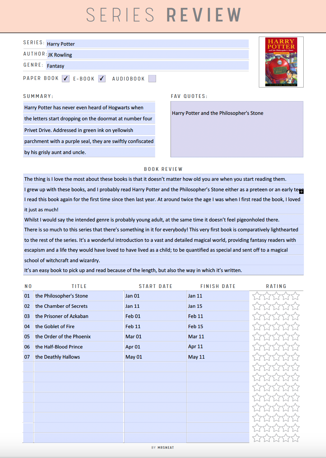 Fillable Book Series Review Template Printable, A4, A5, Letter, Half Letter, Pdf, 5 Colors, 2 Versions