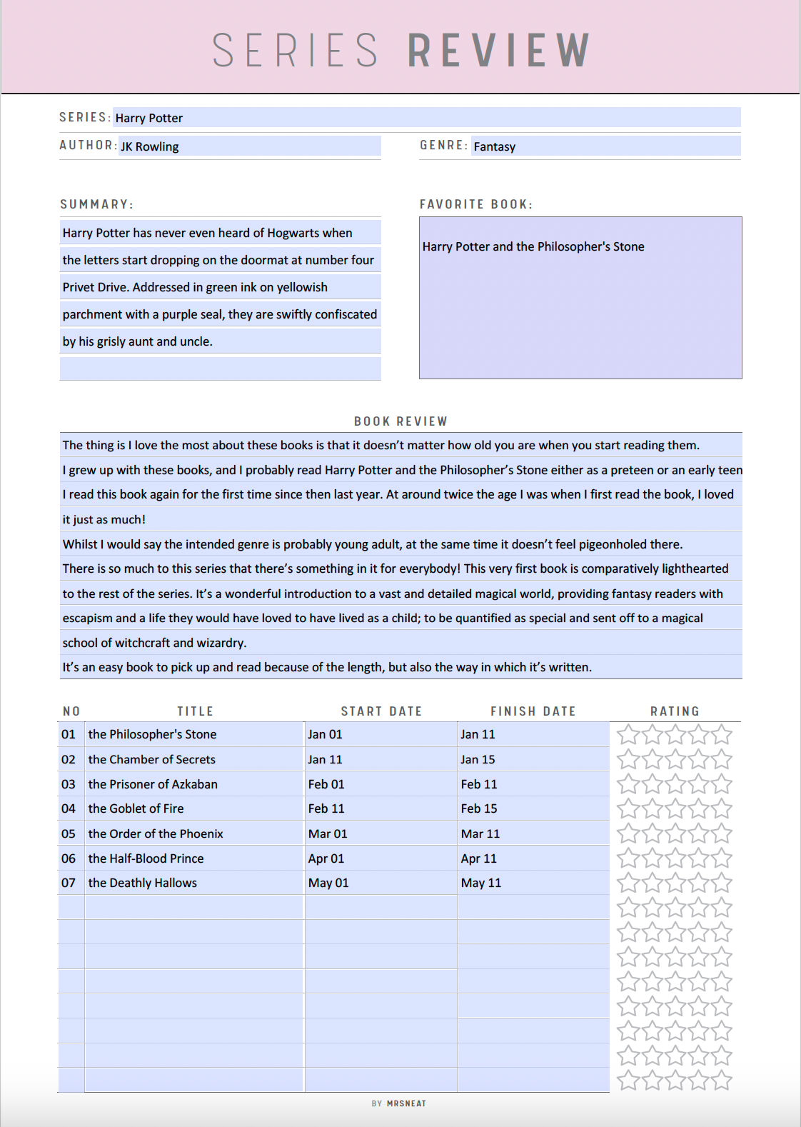 Fillable Book Series Review Template Printable, A4, A5, Letter, Half Letter, Pdf, 5 Colors, 2 Versions