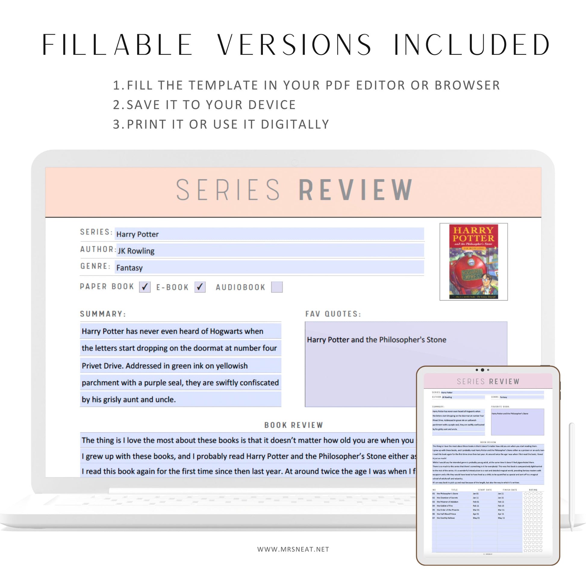 Fillable Book Series Review Template Printable, A4, A5, Letter, Half Letter, Pdf, 5 Colors, 2 Versions