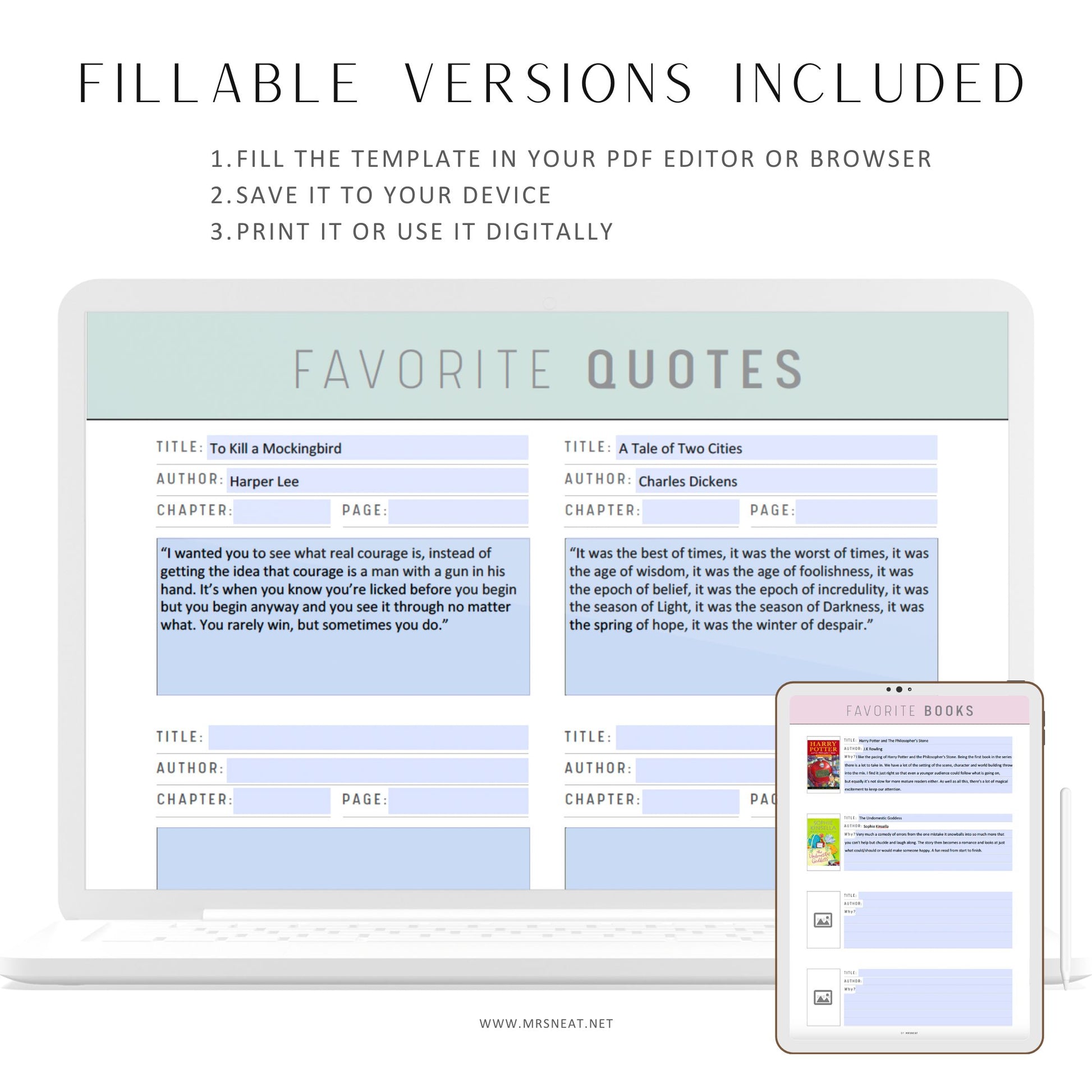 Fillable Favorite Books Template, Favorite Quotes Template Printable, A4, Letter, Half Letter, A5, pdf, 5 Colors