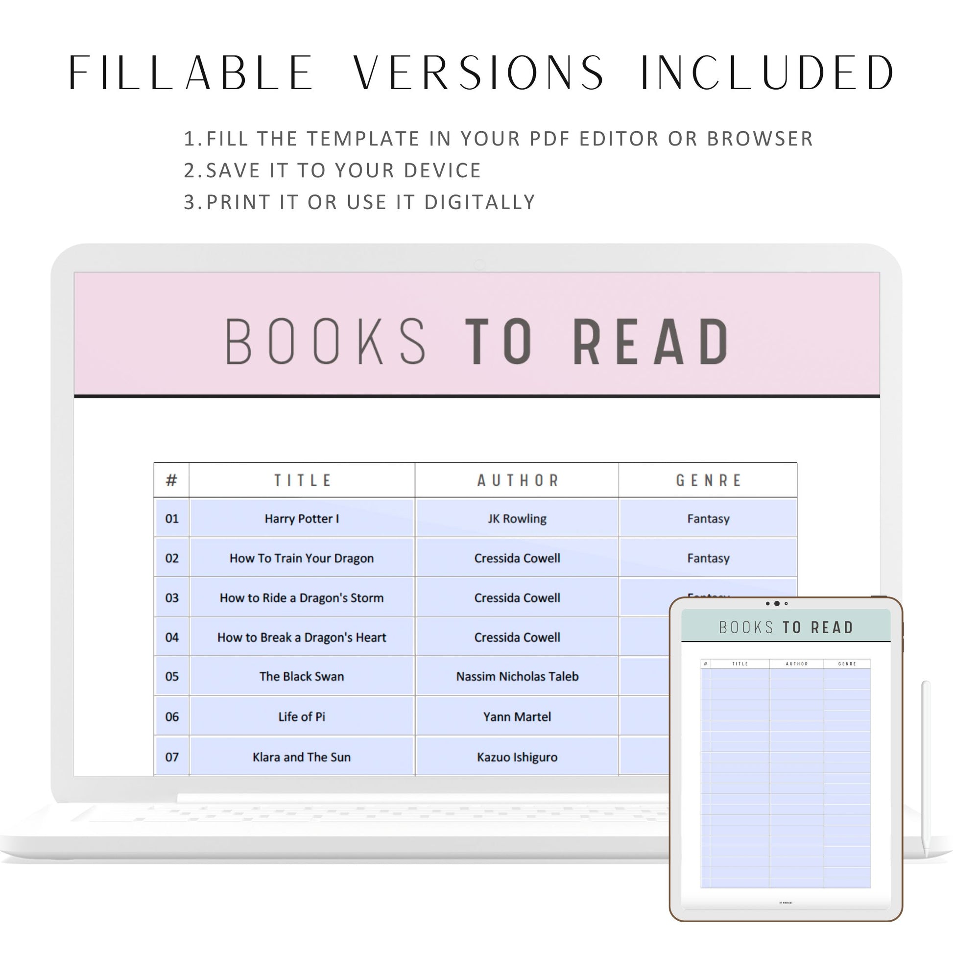 Fillable Books To Read Page, Books To Read Template, Books To Read Printable, To Be Read List, 5 Colors, A4, A5, Letter, Half Letter, Pdf