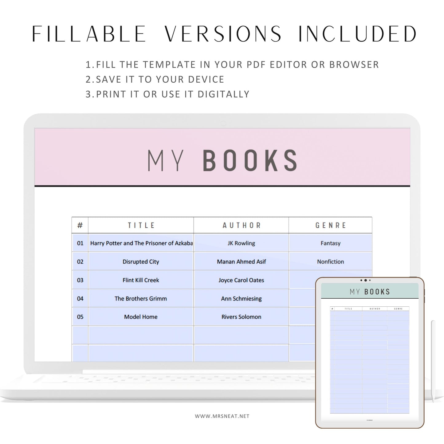 Fillable My Books List Template Printable, My Books List Page, TBR List, Reading Tracker, 5 colors, A4, A5, Letter, Half Letter, 5 Colors