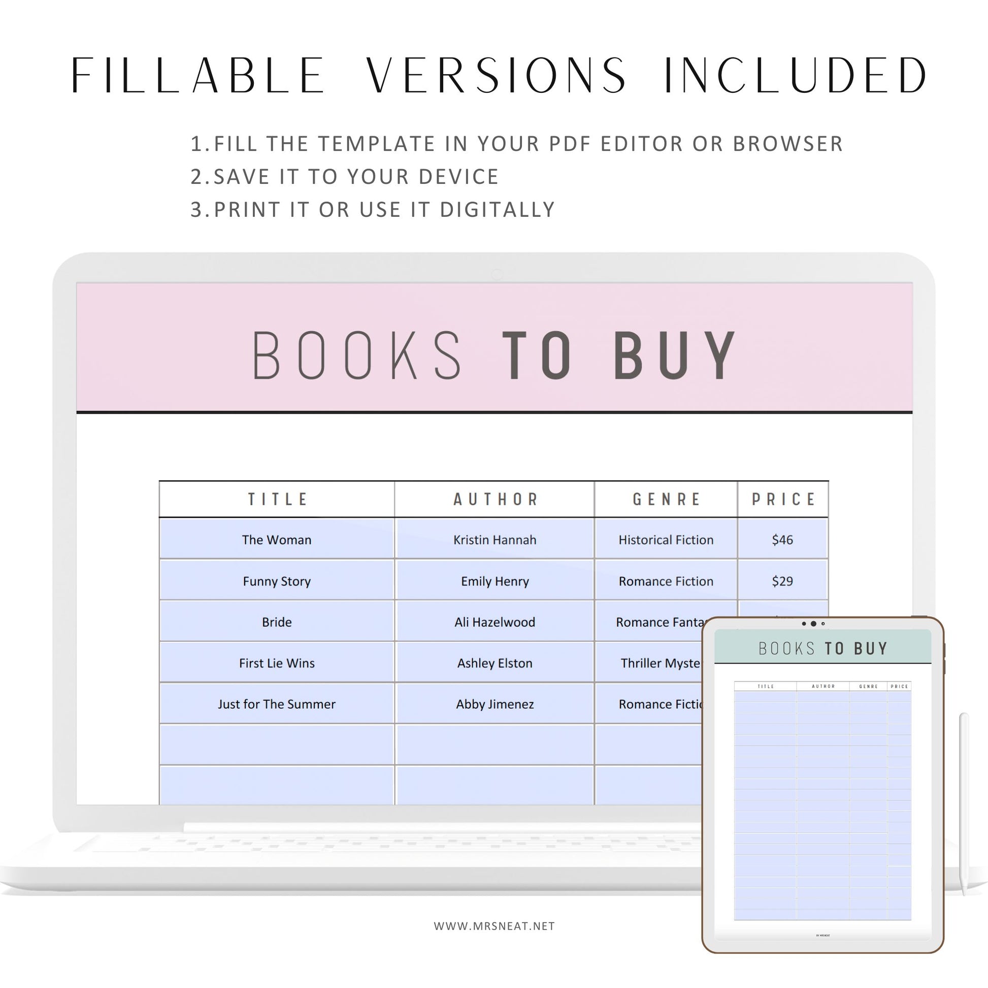 Books To Buy Template, Books To Buy List Page, Fillable Book List Printable, TBR List, Pdf, A4, A5, Letter, Half Letter, 5 colors