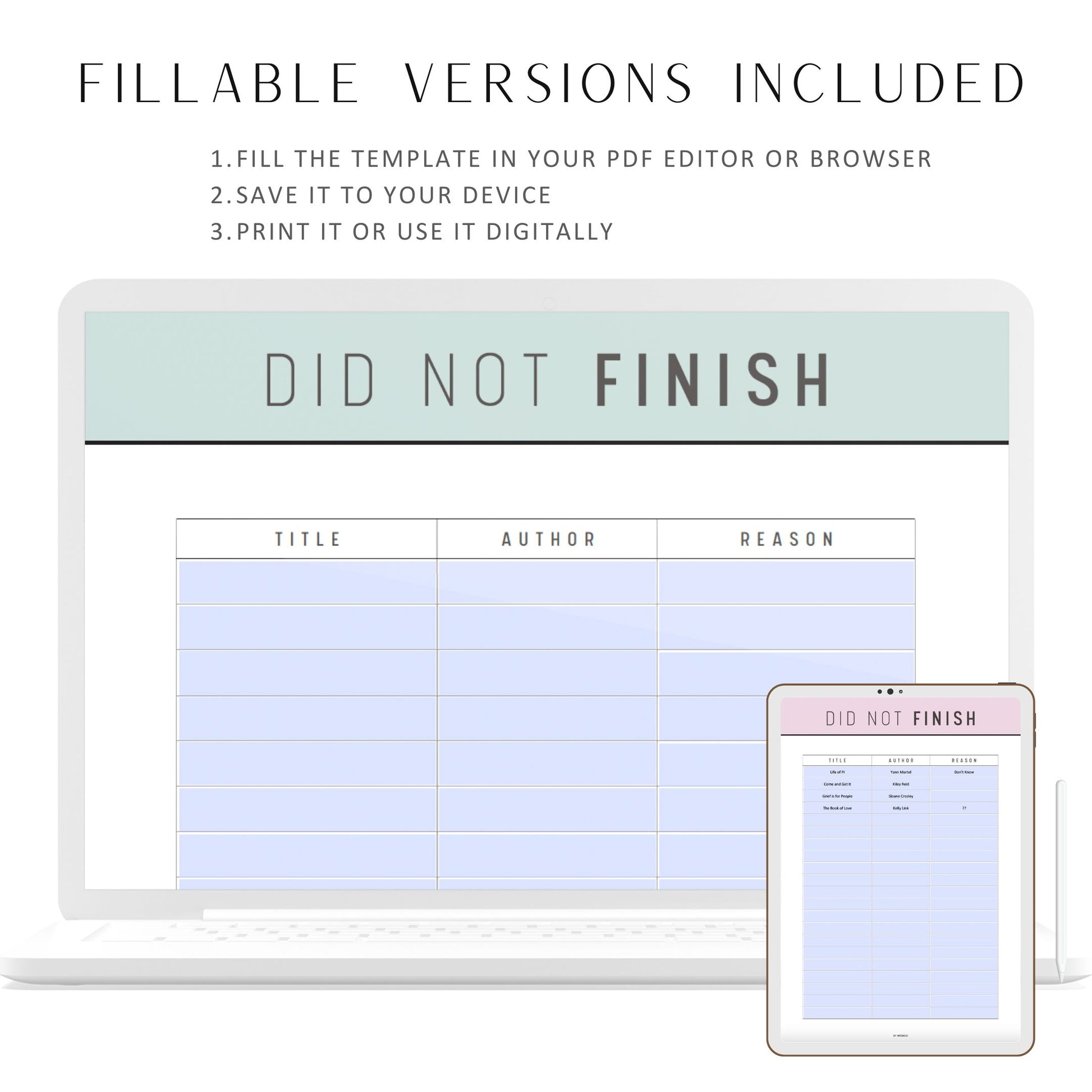 Did Not Finish Books Tracker, Fillable Declutter Book List,  Unfinished Book List, TBR List, DNF List Printable, Book List Tracker, 5 colors