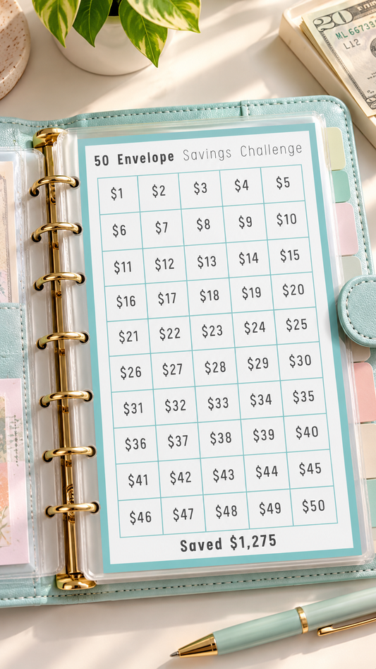 Mint 50 Envelope Savings Planner.