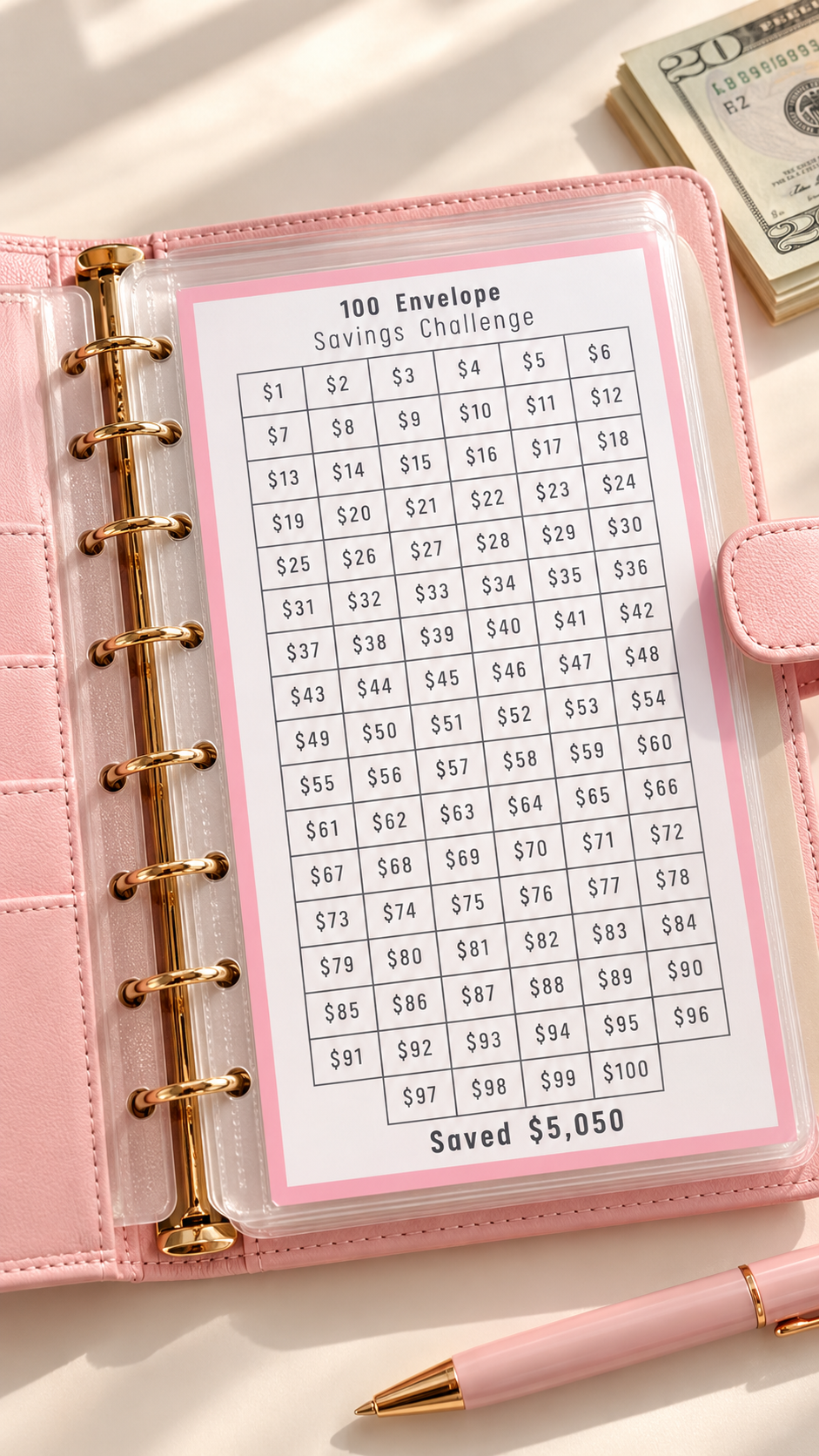 Pink 100 Envelope Savings Planner