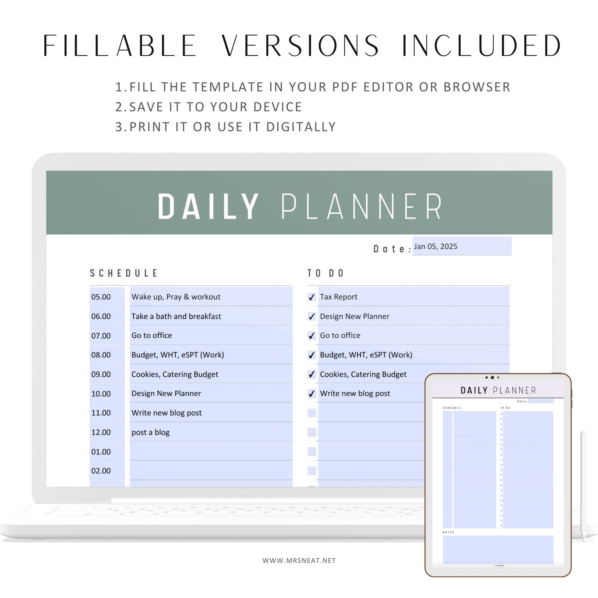 Minimalist Daily Planner Printable, Daily Planner PDF, Daily Planner pages, Fillable Daily Planner, Daily Journal, A4, Letter, 10 colors