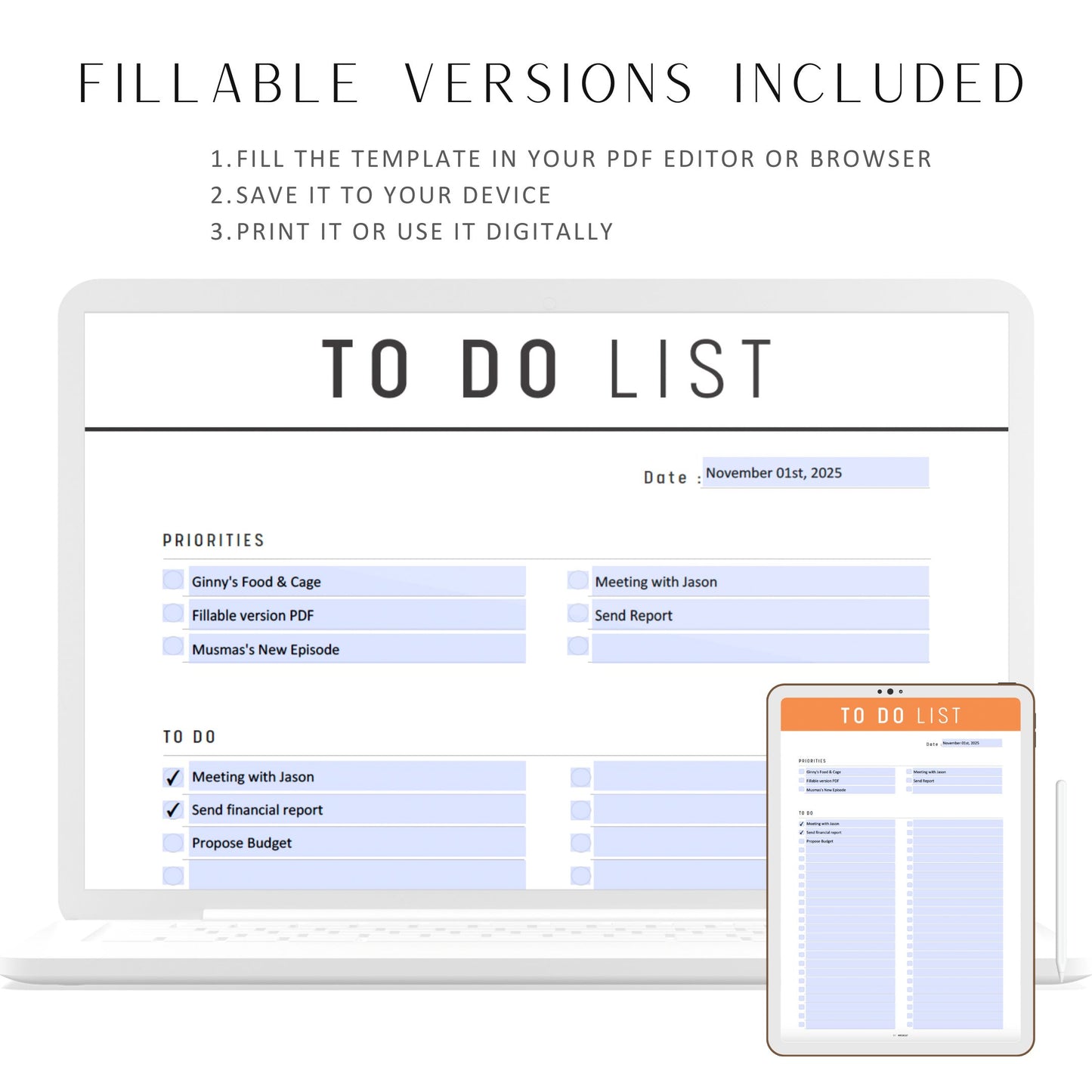 Fillable To Do List Planner Printable, Minimalist To Do List Template, Daily To Do, Daily Agenda, Daily Journal, PDF, A4, Letter, 10 colors