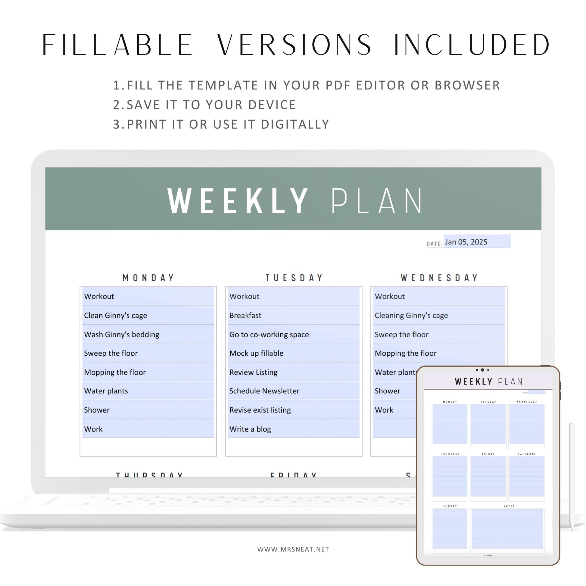 Printable Weekly Planner, Fillable Weekly Planner, One page weekly planner, Weekly work schedule, Weekly To Do List, A4 & Letter, 10 colors