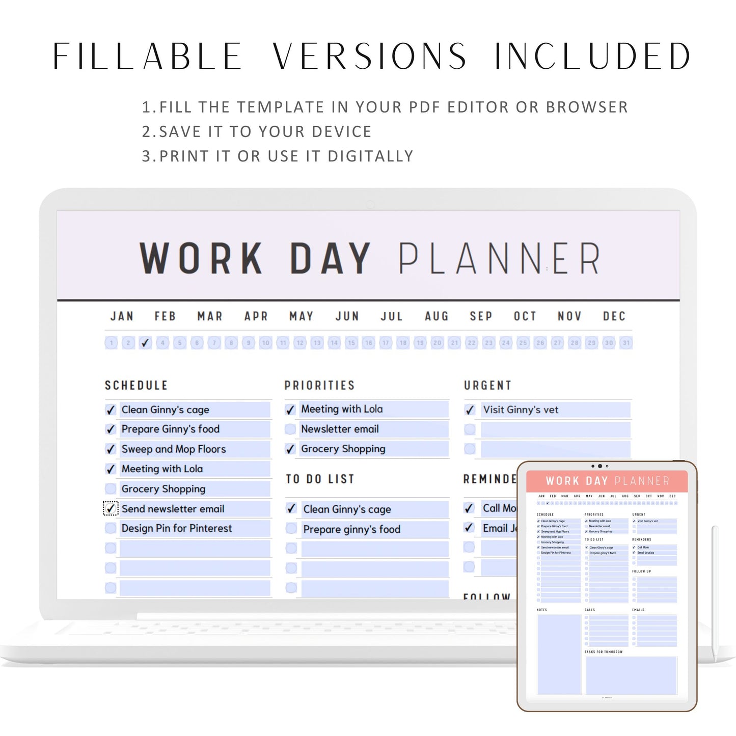 Printable Work Day Planner Template, Fillable Work Day Planner, Work Day Organizer, Daily Work Planner, Daily Planner, A4, Letter, 10 Colors, Digital Planner, Fillable PDF, Printable Planner