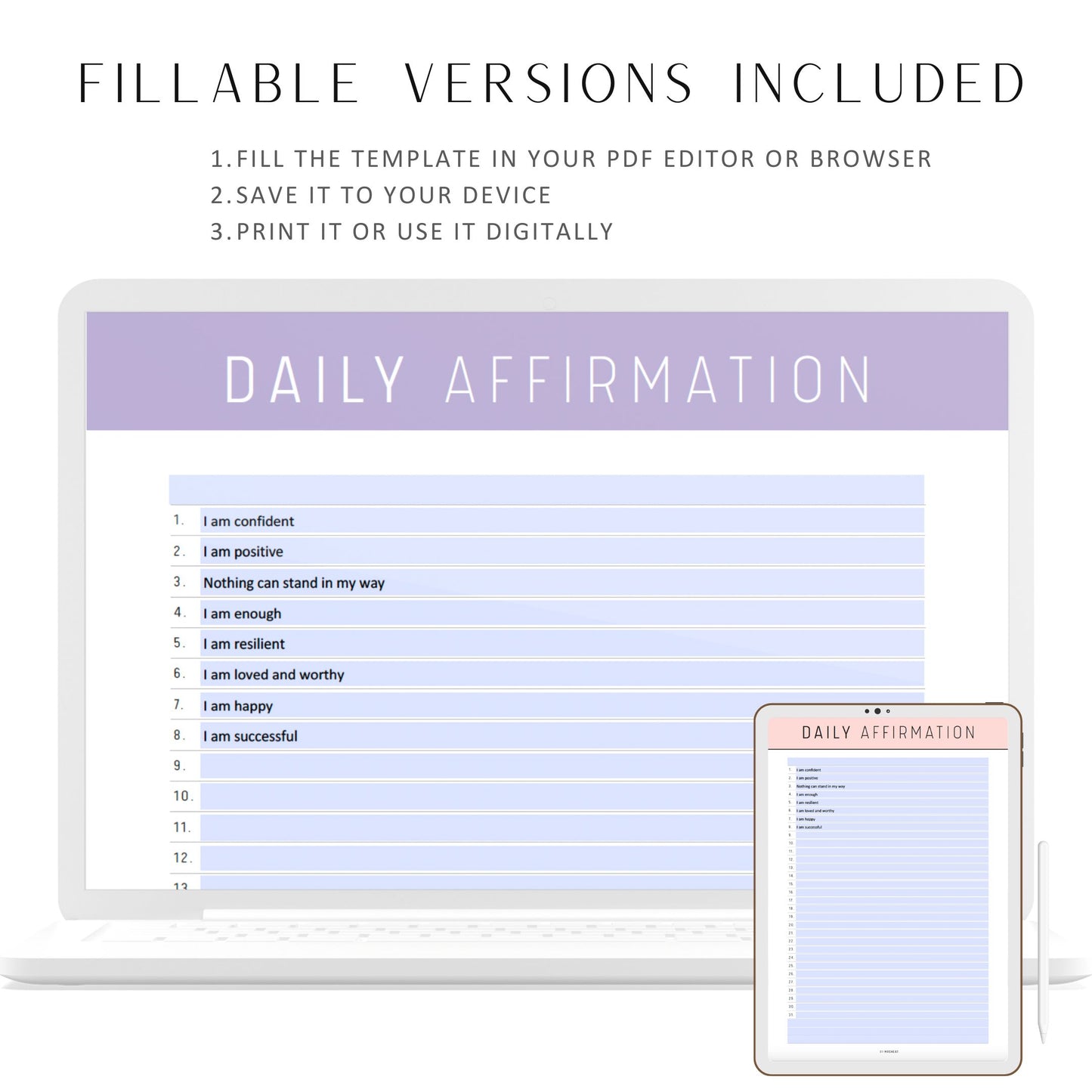 Daily Affirmation Journal Printable, Positive Affirmation Template, Fillable Affirmation Journal, A4, 10 colors, PDF, Digital Planner, Printable Planner Fillable PDF