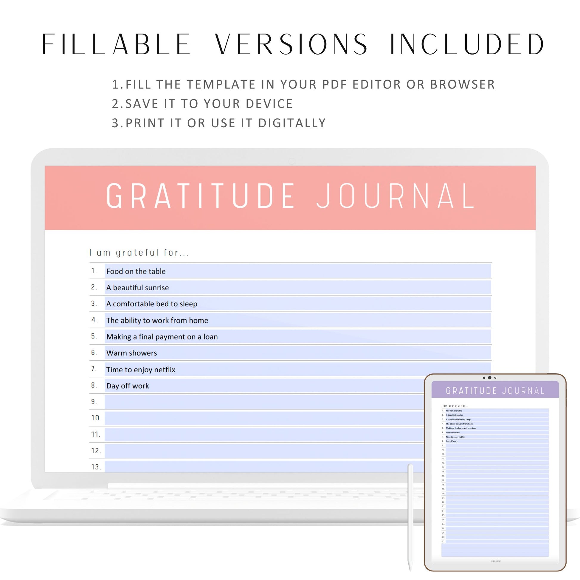 Printable Gratitude Journal, Fillable Gratitude Planner Page, Journal Page, Wellness Journal Page, Mental Health Journal, PDF, 10 colors, A4, Fillable PDF, Digital Planner, Printable Planner