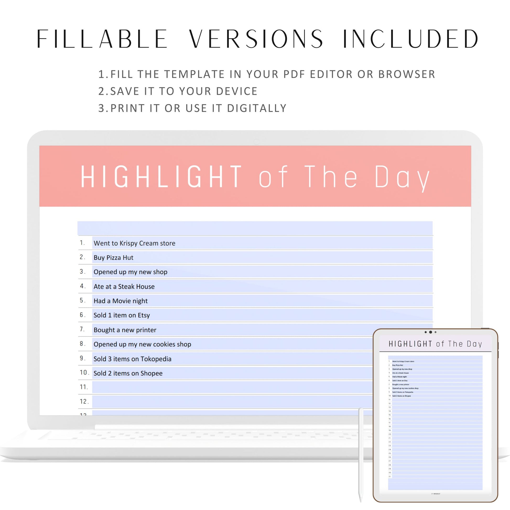 Printable Highlight of The Day Template, Day Highlight page, Memory Tracker, Daily Highlight Tracker, Gratitude Journal, PDF, A4, 10 Colors