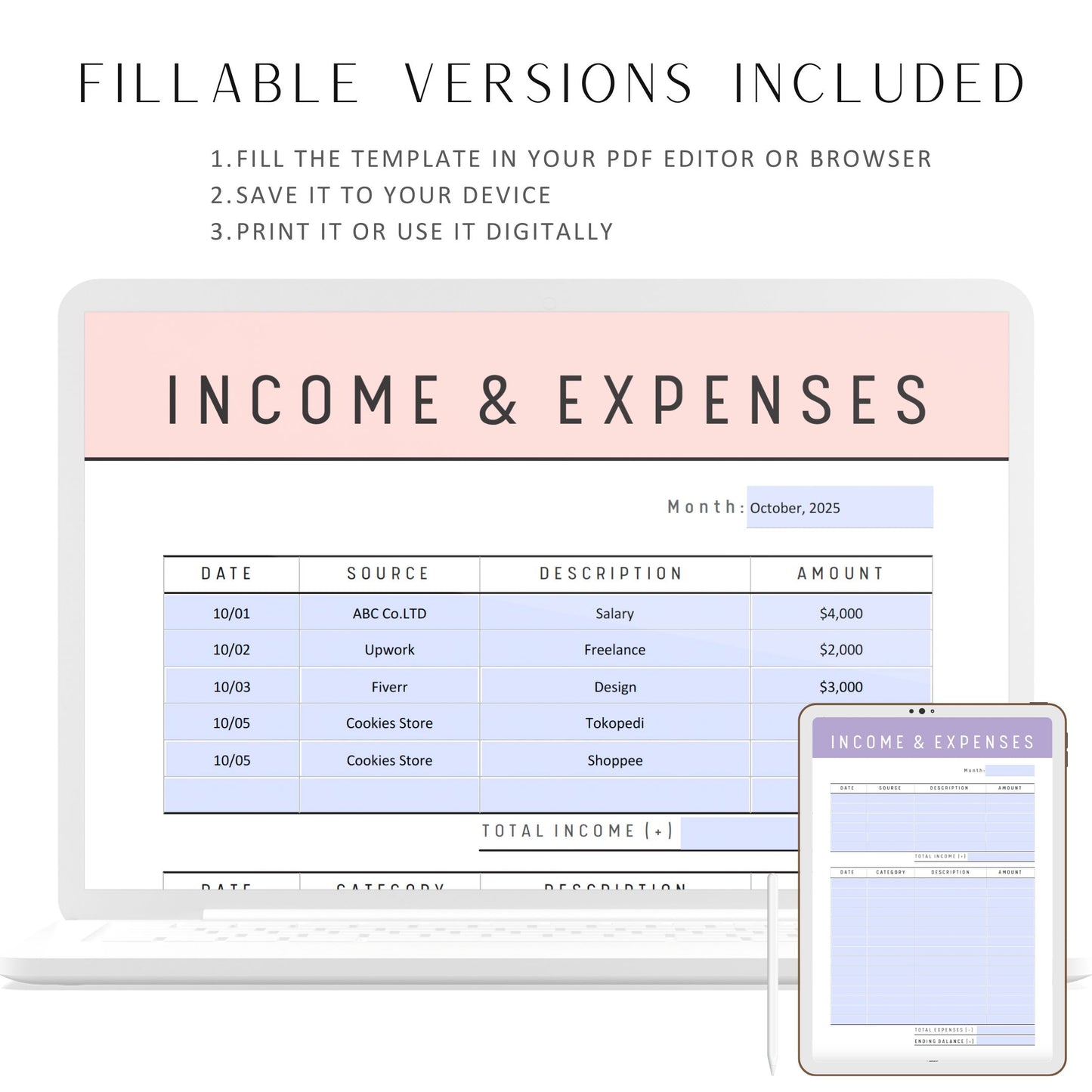 Income and Expense Tracker Template Printable, Income and Expenses in one page, PDF, A4, 10 colors