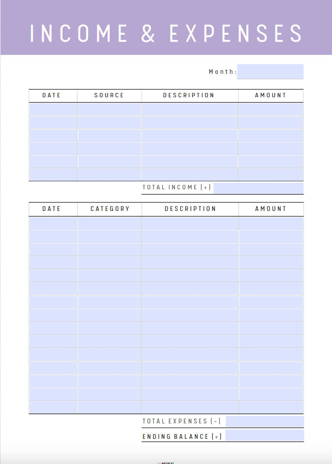 Income and Expense Tracker Template Printable, Income and Expenses in one page, PDF, A4, 10 colors