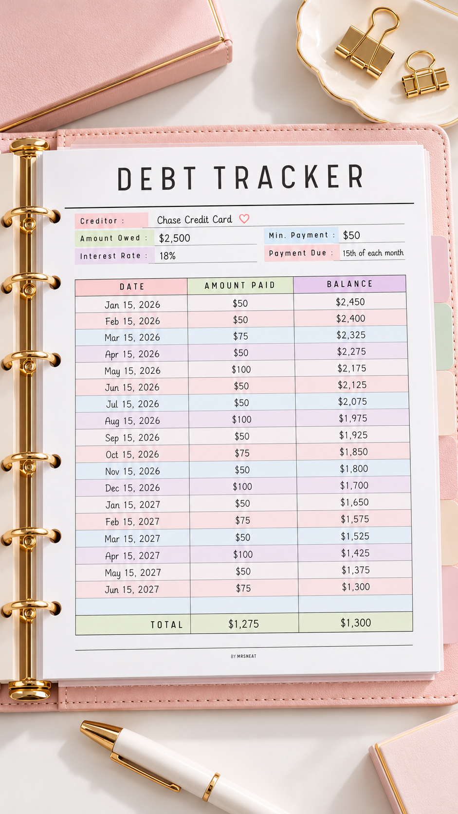 Pastel Debt Tracker Planner Flat Lay