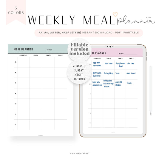 Weekly Meal Planner Printable, Fillable Food Diary, Food Journal, Meal Prep Planner, Meal Tracker, 5 colors, A4, A5, Letter, Half Letter