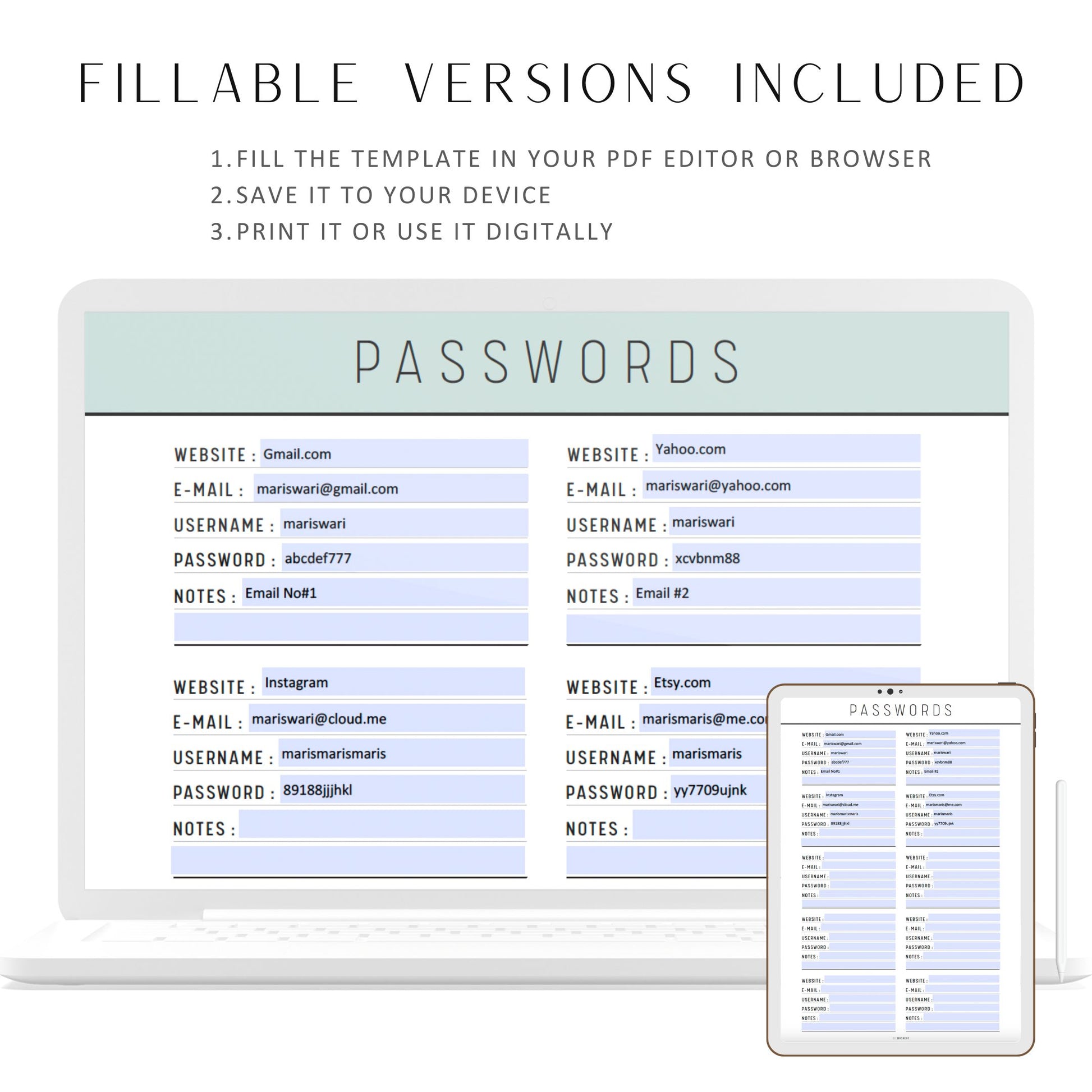 Fillable Password Tracker Template Printable, Password Organizer, Password Keeper, Password Recorder, A4, A5, Letter, Half Letter, 5 colors