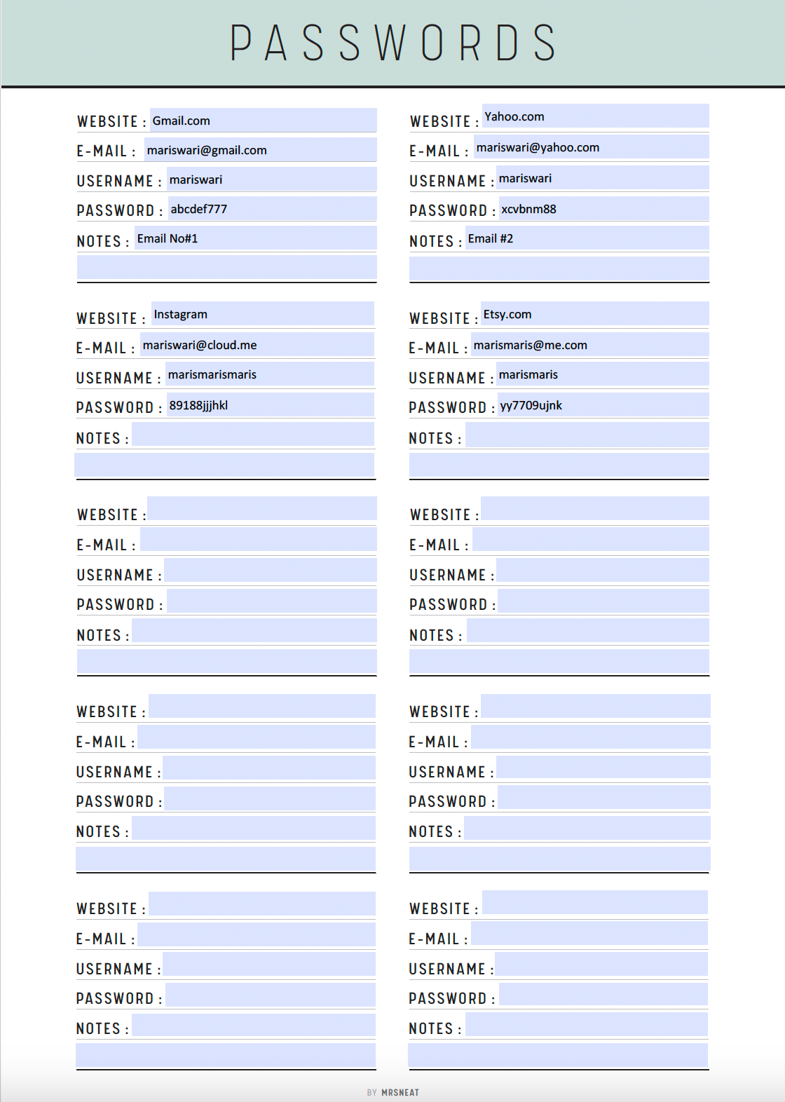 Fillable Password Tracker Template Printable, Password Organizer, Password Keeper, Password Recorder, A4, A5, Letter, Half Letter, 5 colors