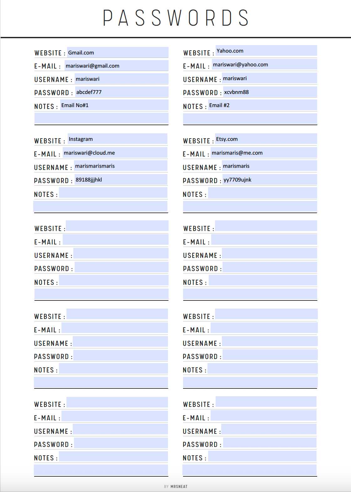 Fillable Password Tracker Template Printable, Password Organizer, Password Keeper, Password Recorder, A4, A5, Letter, Half Letter, 5 colors