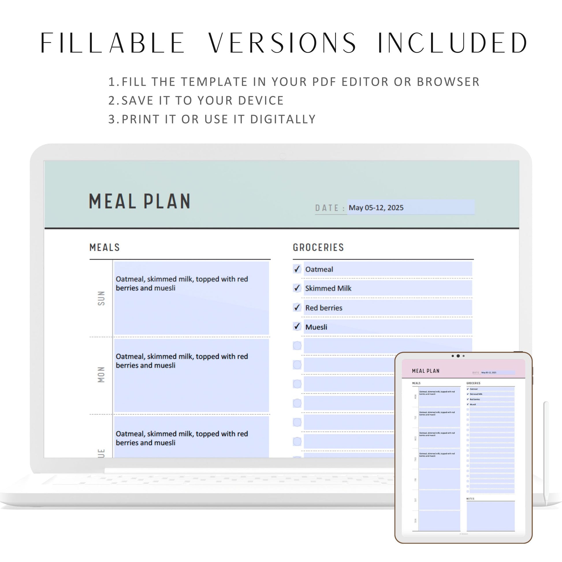 Weekly Meal Plan with Grocery List Template, Menu Planner, 7 Day Menu Plan Printable, Meal Tracker, A4, Letter, Half Letter, A5, 5 colors