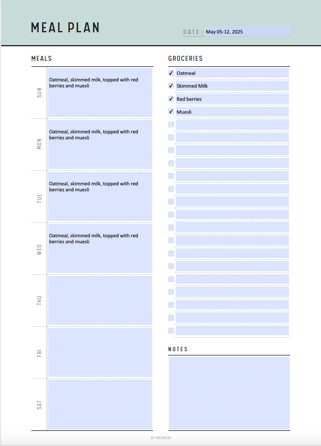 Weekly Meal Plan with Grocery List Template, Menu Planner, 7 Day Menu Plan Printable, Meal Tracker, A4, Letter, Half Letter, A5, 5 colors