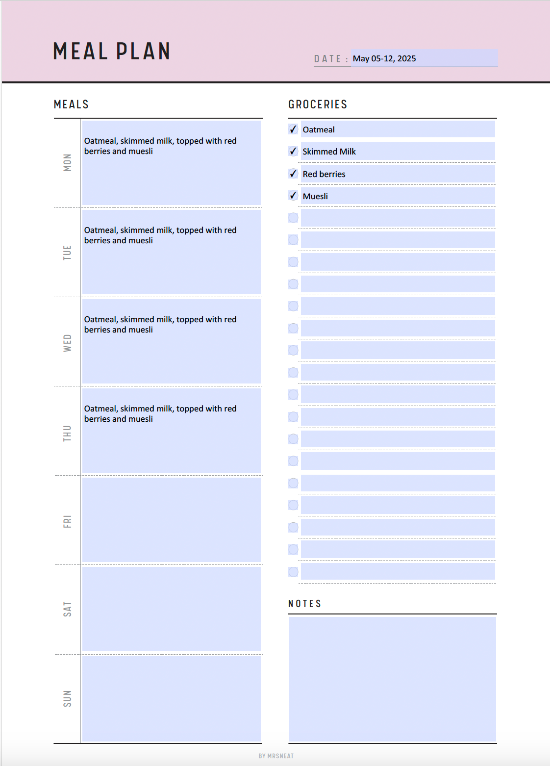 Weekly Meal Plan with Grocery List Template, Menu Planner, 7 Day Menu Plan Printable, Meal Tracker, A4, Letter, Half Letter, A5, 5 colors