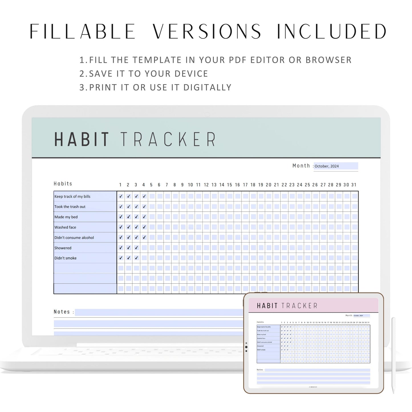 Fillable Monthly Habit Tracker Printable Landscape, Habit Tracker Template, Routine Tracker, Habit Challenge, PDF, 5 colors, A4, Letter, Fillable PDF, Printable Planner, Digital Planner