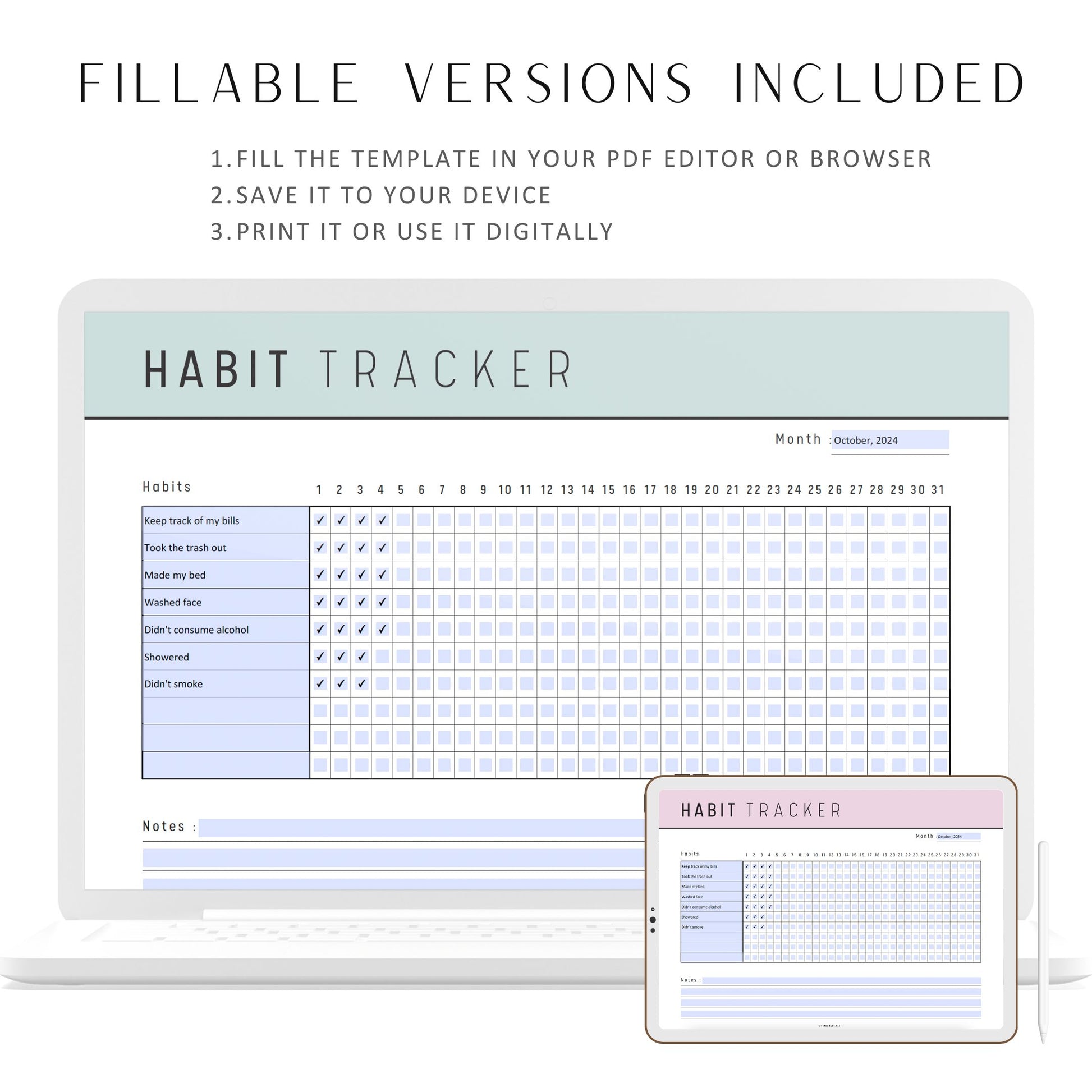 Fillable Monthly Habit Tracker Printable Landscape, Habit Tracker Template, Routine Tracker, Habit Challenge, PDF, 5 colors, A4, Letter, Fillable PDF, Printable Planner, Digital Planner