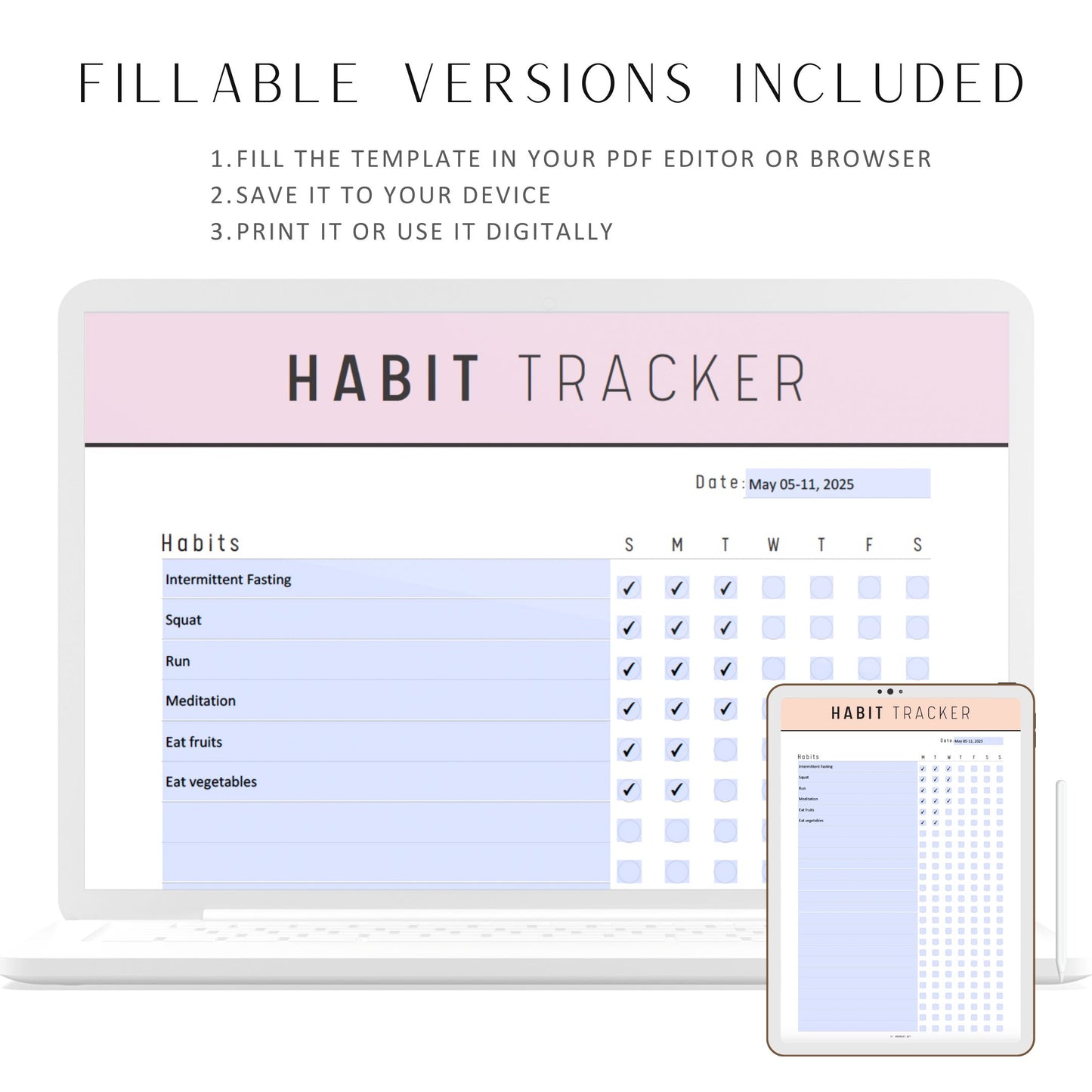 Weekly Habit Tracker Printable, Routine Tracker Template, 7 Day Habit Challenge, Habit Tracker, PDF, A4, Letter, Half Letter, A5, 5 colors, Digital Planner, Fillable PDF, Printable Planner