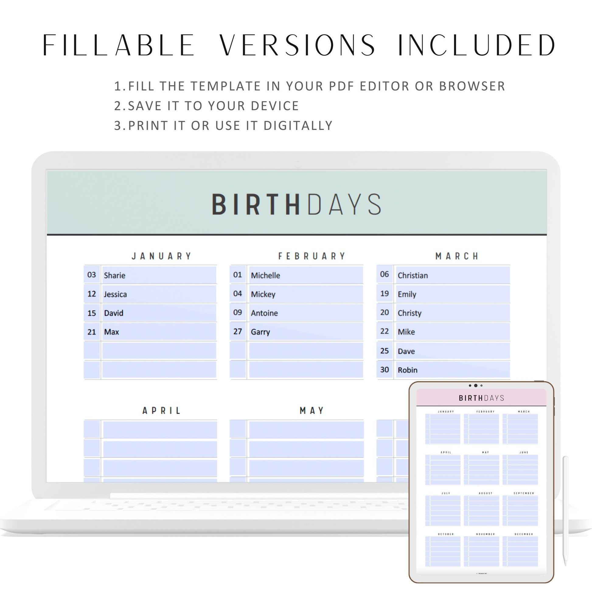 Birthday Tracker Printable Template, Birthday Calendar, Birthday Reminder, Birthday Planner, Birthday Organizer, 5 Colors, A4, A5, Letter, Half Letter, Digital Planner, Fillable PDF, Printable Planner