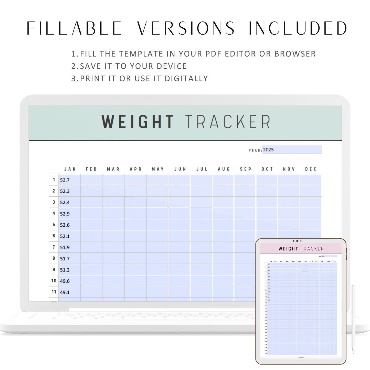 365 Day Weight Tracker Printable, Fillable Daily Weight Journal, Weight Loss Tracker, Weight Log, 5 Colors, A4, A5, Letter, Half Letter, PDF